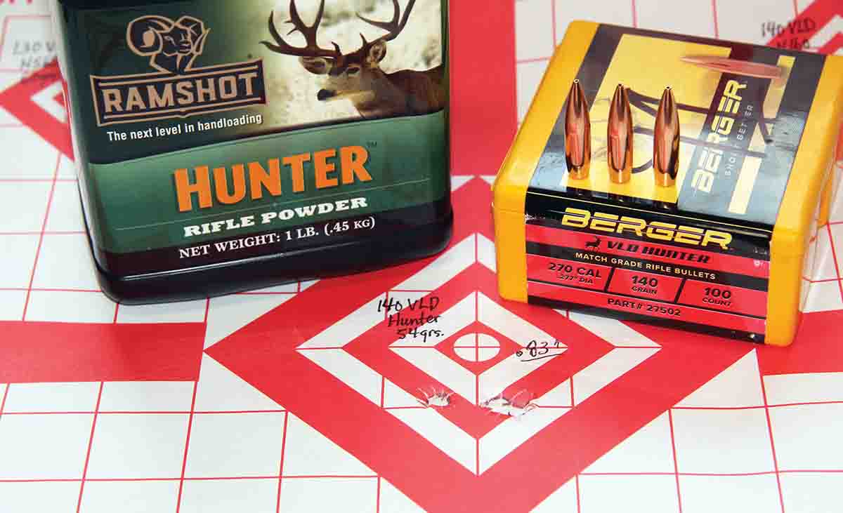 Berger’s 140-grain VLD Hunting printed two sub-MOA groups from the Mauser M18 Savanna, including this .83-inch group at 2,820 fps using 54 grains of Ramshot Hunter.